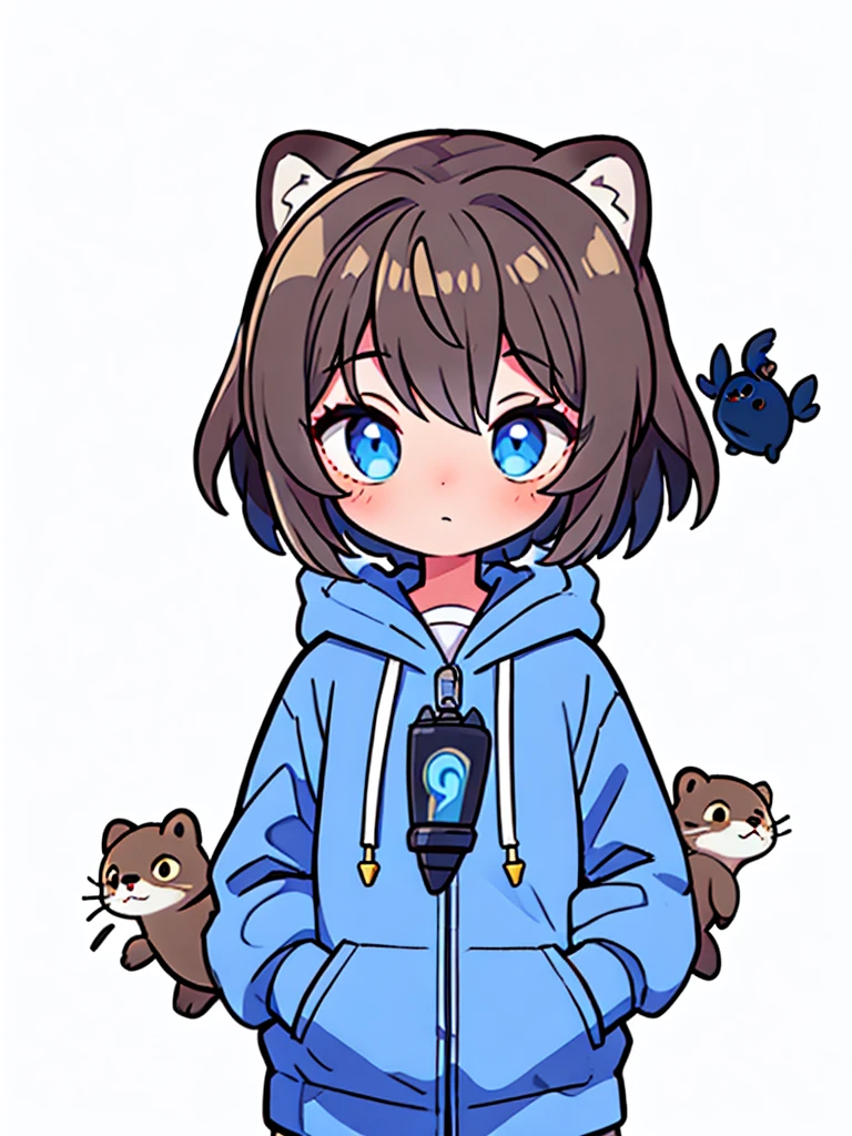 a sea otter with otter ears // with light blue eyes // a dark blue hoodie // brown hair with gray and white highlights ((half of the body)) (A person) ((White background)) (only 1 girl) ((tira a lontra do lado dela))