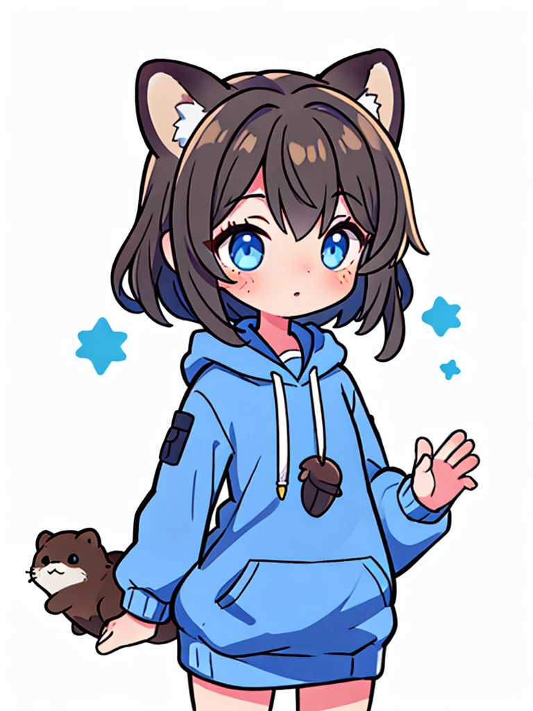 a sea otter with otter ears // with light blue eyes // a dark blue hoodie // brown hair with gray and white highlights ((half of the body)) (A person) ((White background)) (only 1 girl) ((tira a lontra do lado dela))