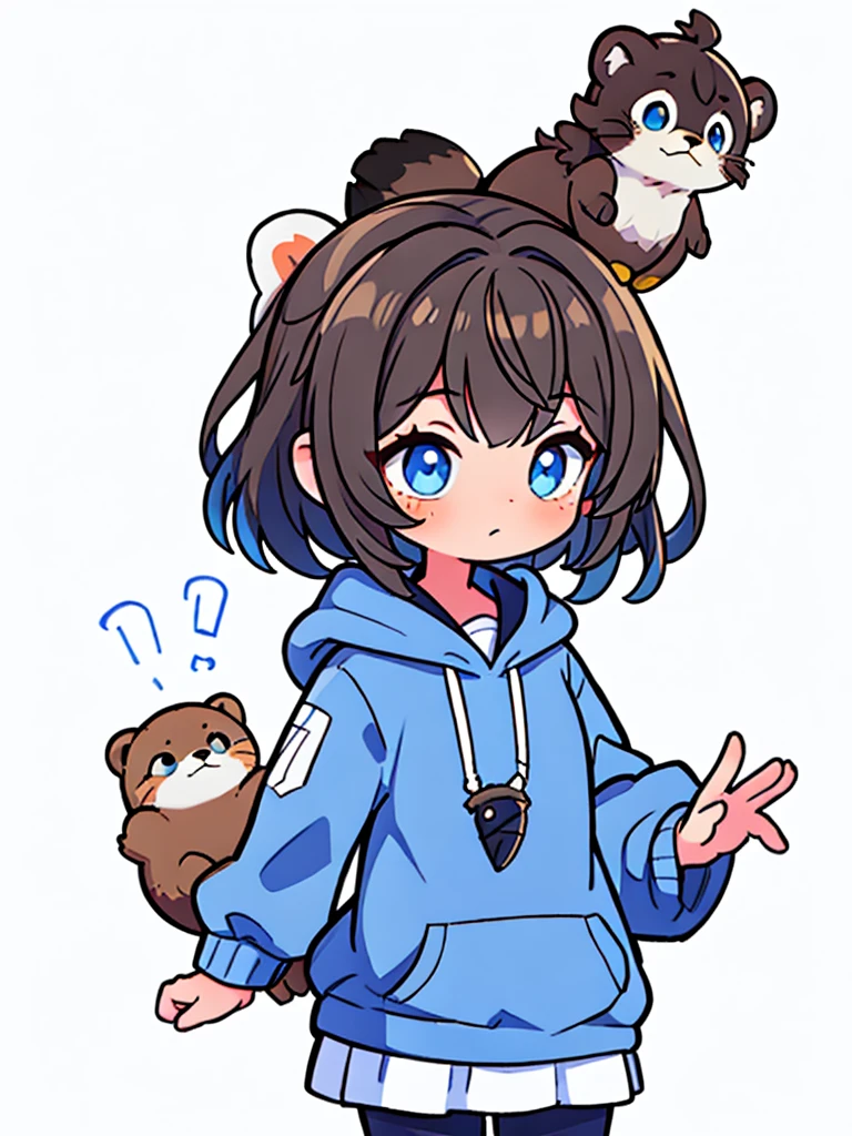 a sea otter with otter ears // with light blue eyes // a dark blue hoodie // brown hair with gray and white highlights ((half of the body)) (A person) ((White background)) (only 1 girl) ((tira a lontra do lado dela))