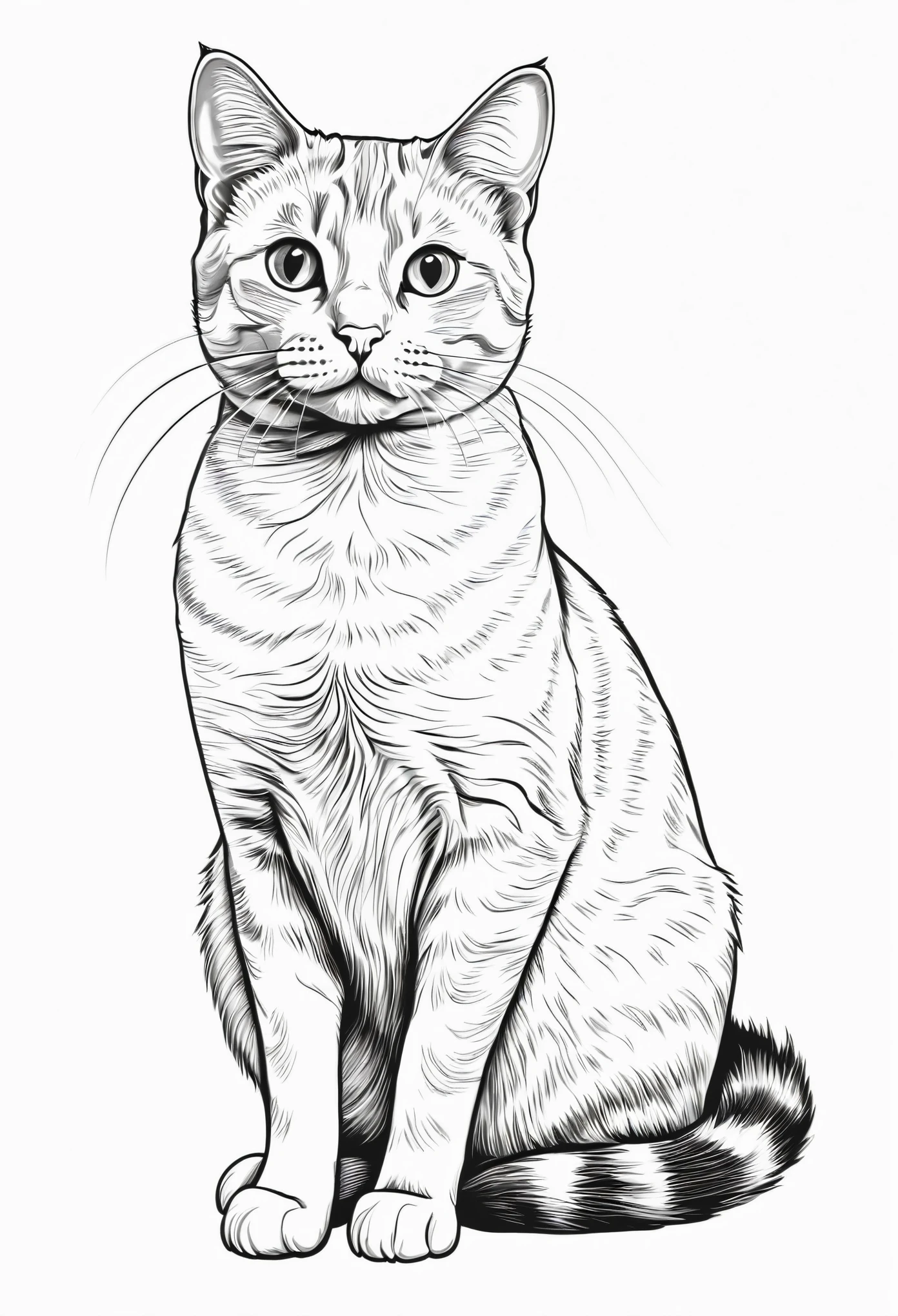 A black and white illustration of a cat drawn with simple and clear black lines on a white background. The cat is sitting and looking up, with a friendly and curious expression. Clean and detailed lines, suitable for colouring, hd quality, natural look 