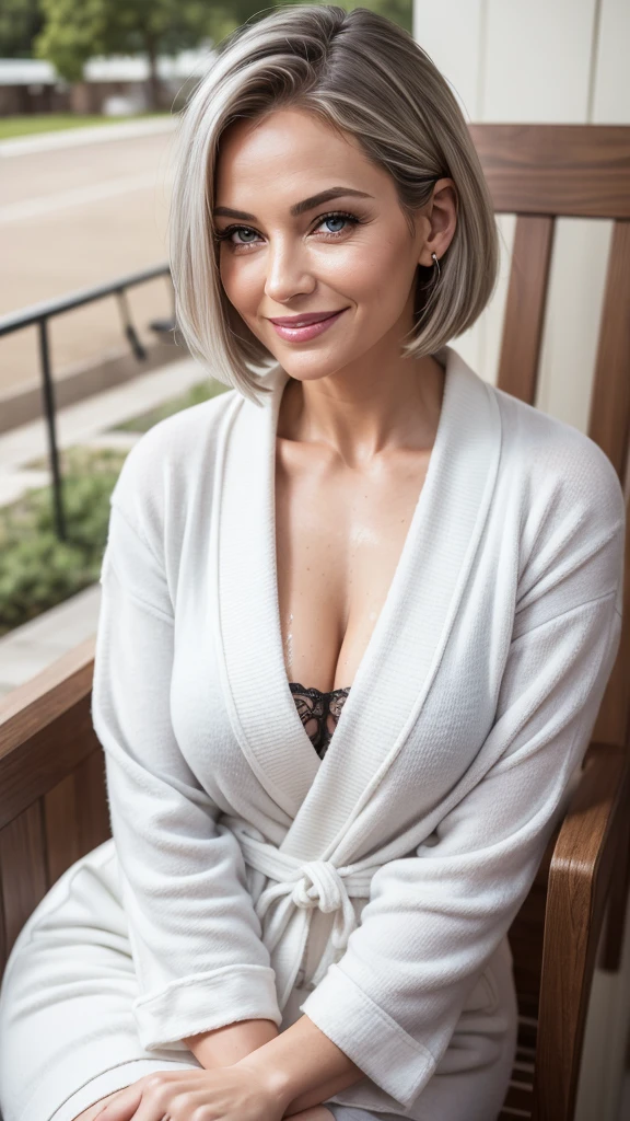 Realistic portrait of a mature woman, 60 years old, grey hair, medium casual hair, Bob hair, wearing White Bathrobe elegant motif . Location of the most beautiful rivers. She should have a natural appearance, curvaceous forms, blue eyes, grayblondehair, smile, Shoot this image in high resolution with a 35mm lens to get a good perspective. Sitting on the chair with coffee, outdoor, body full of soap suds, she smile with Extraordinary Pleasure expression