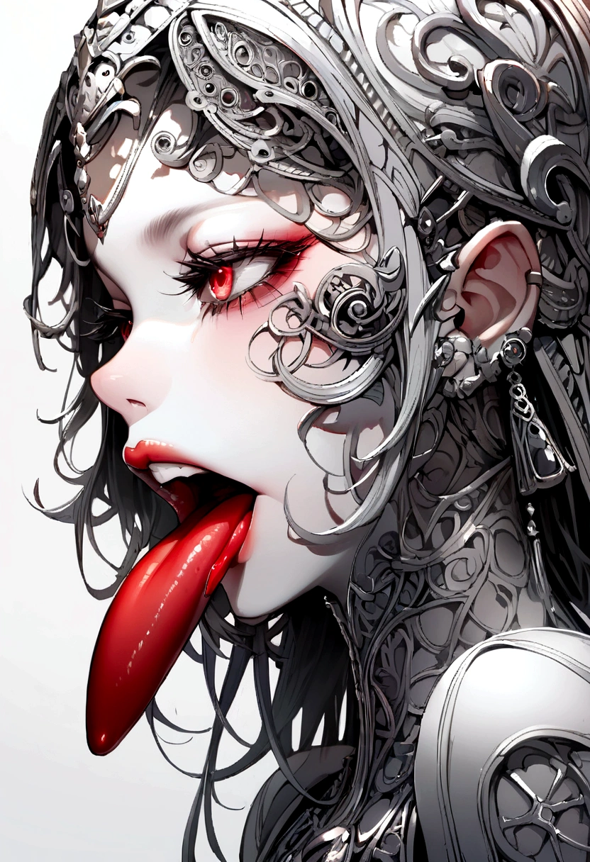 a girl sticking out her tongue, beautiful detailed eyes, beautiful detailed lips, extremely detailed face, long eyelashes, white teeth, profile view, intense red tongue, etc.