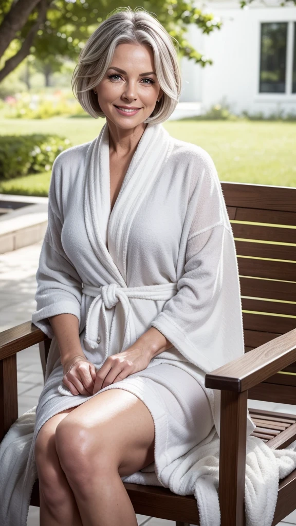Realistic portrait of a mature woman, 60 years old, grey hair, medium casual hair, Bob hair, wearing White Bathrobe elegant motif . Location of the most beautiful rivers. She should have a natural appearance, curvaceous forms, blue eyes, grayblondehair, smile, Shoot this image in high resolution with a 35mm lens to get a good perspective. Sitting on the chair with coffee, outdoor, body full of soap suds, she smile with Extraordinary Pleasure expression