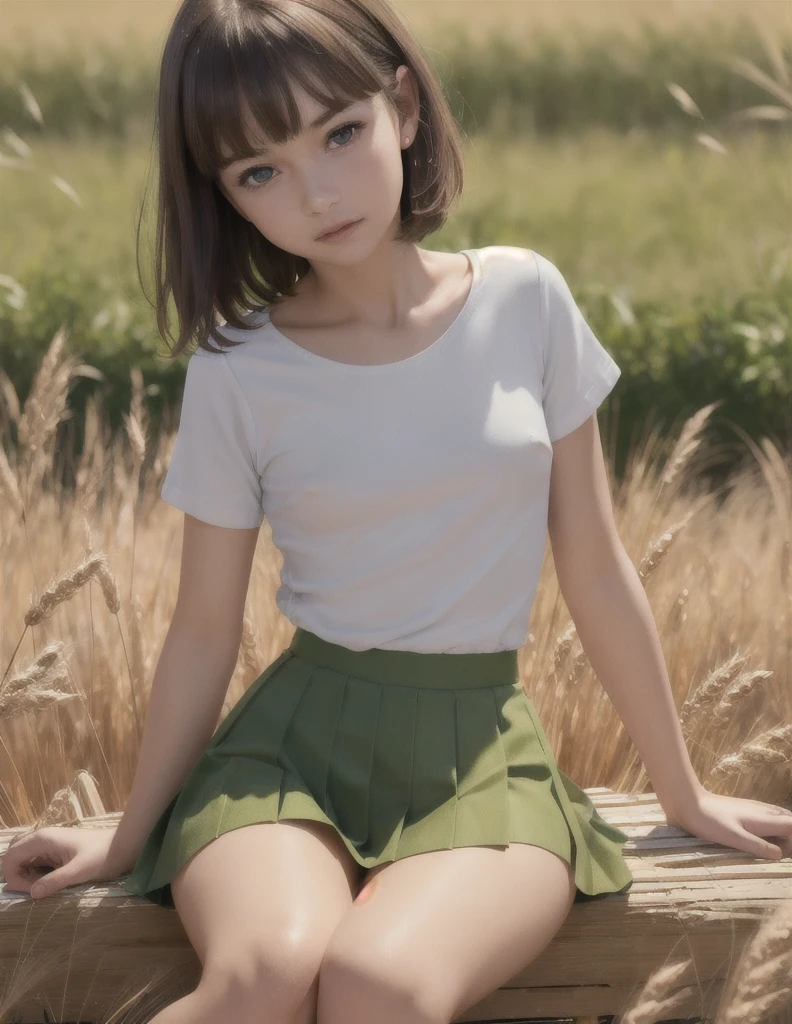 a slim, small-waisted girl with flat chest and perky breasts, bangs, short brown hair with sidelocks and blunt bangs, green eyes, detailed eyes, wearing a light white shirt with short sleeves and a pleated light high waisted micro skirt, sitting in a field of wheat, sweat, (best quality,4k,8k,highres,masterpiece:1.2),ultra-detailed,(realistic,photorealistic,photo-realistic:1.37),HDR,UHD,studio lighting,ultra-fine painting,sharp focus,physically-based rendering,extreme detail description,professional,vivid colors,bokeh,portraits