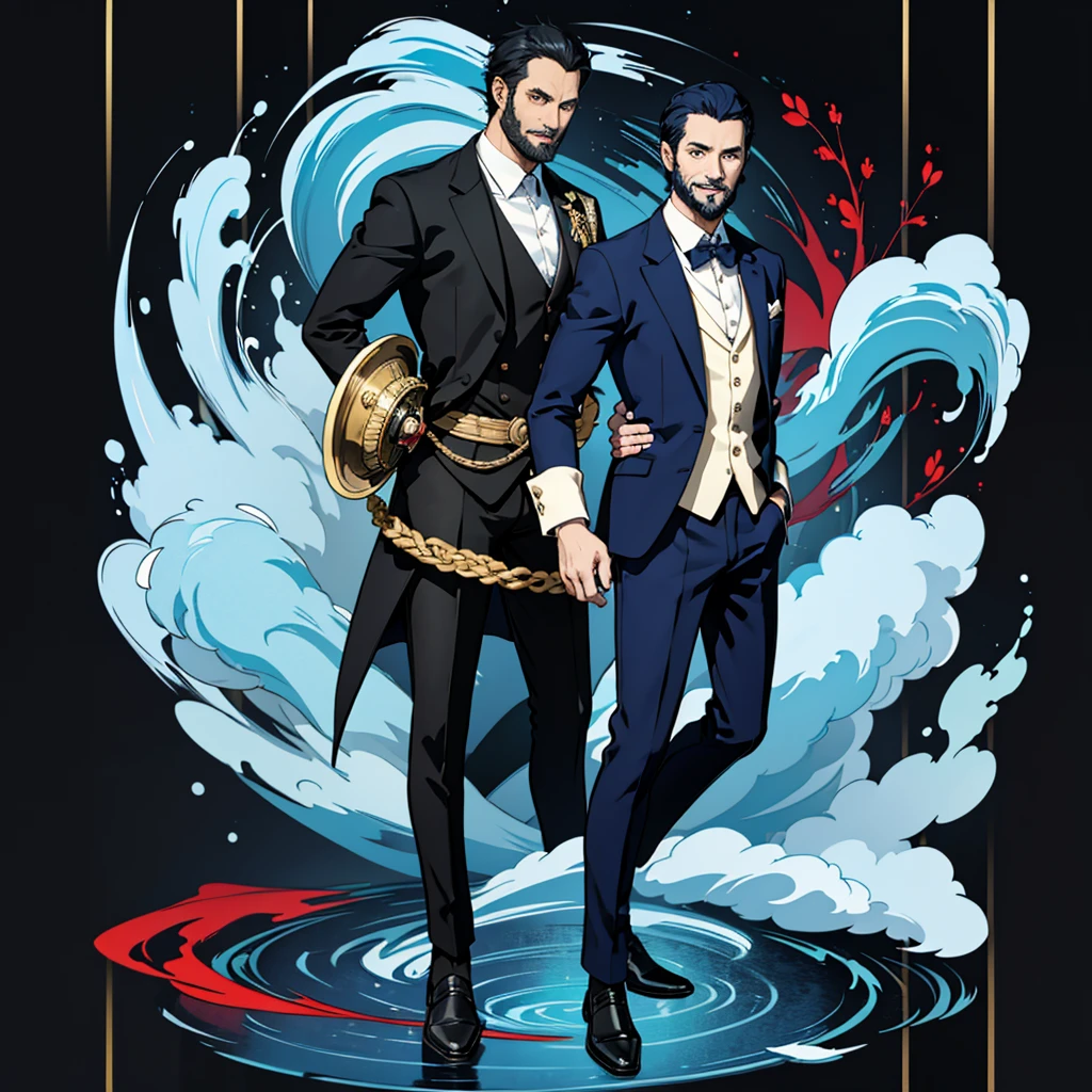 1 man, dark blue hair, suit, ((full body)), smile, black beard, red eyes,50 years old,full body,whole body,