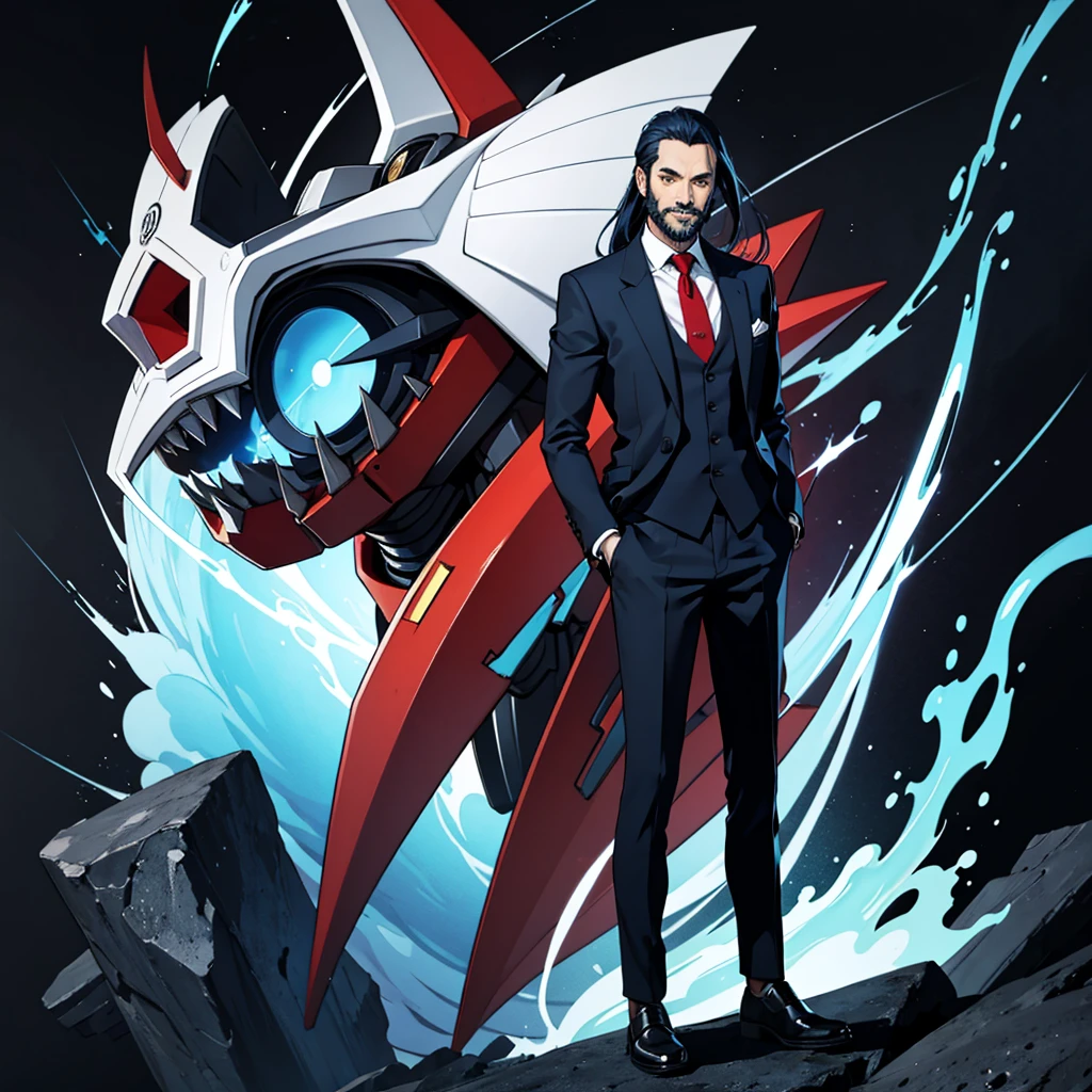 1 man, dark blue hair, suit, ((full body)), smile, black beard, red eyes,50 years old,full body,whole body,