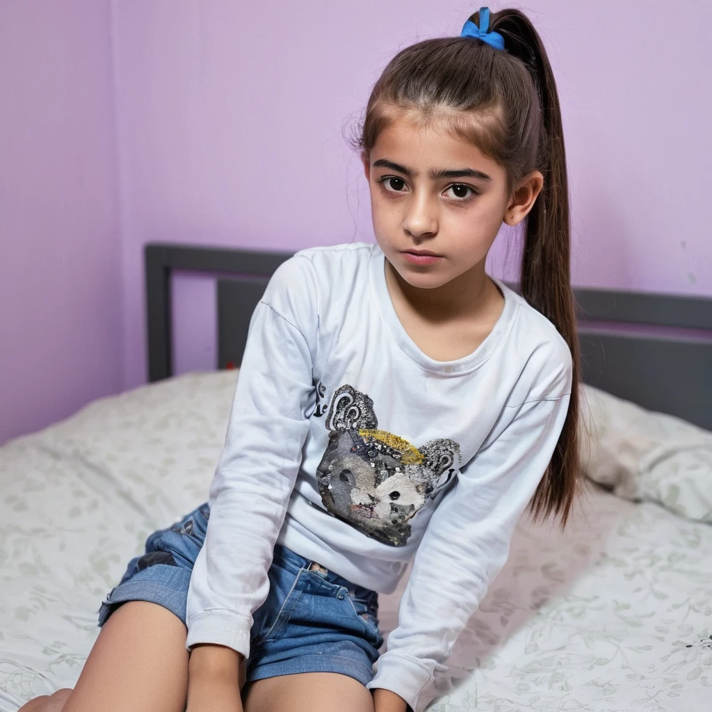 Ponytail hair Kurdish with sitting on bed tin body Short