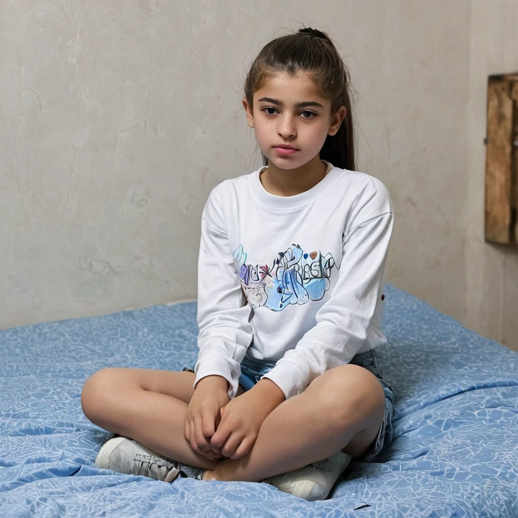 Ponytail hair Kurdish teen with sitting on bed tin body Short