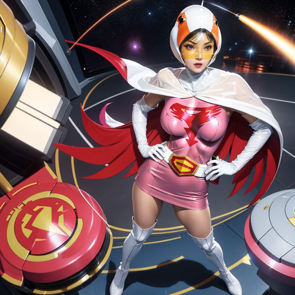 ANI_CLASSIC_jun_gatchaman_ownwaifu,1girl, 15yo,good anatomy, masterpiece, best quality,realistic, hyper realistic, 16k hdr, long hair,breasts,lips,large breasts,lipstick,makeup,gloves,cape,helmet,belt,elbow gloves,white gloves,mask,ultra miniskirt,leotard,spacesuit,white tight overknee highheels boots,pink dress,superhero,bodysuit,cleavage,erected nipples,(stand pose,hands on hip),(spread legs:1.1),cameltoe