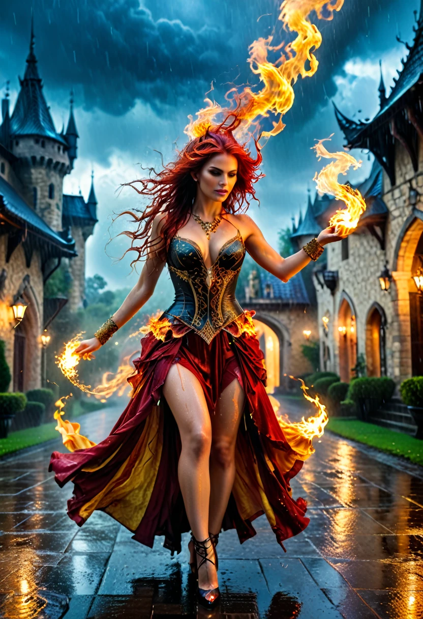 a sorceress of fire making fire dance in a the (storm of rain: 1.3), a most exquisite beautiful sorceress, controlling fire manipulating fire, a woman, dynamic hair color, dynamic hair style, (most beautiful face: 1.3), (ultra detailed face: 1.2), wet hair, wet face, dynamic eyes color, full body shot, wearing dress made of fire, wearing intricate high heels, light make up, dancing in courtyard of a fantasy castle background, ((heavy rain drops: 1.1)), clouds in the sky, (anatomically correct: 1.4), (full body shot: 1.1) , vibrant, Ultra-high resolution, High Contrast, (masterpiece:1.5), highest quality, Best aesthetics), best details, best quality, highres, ultra wide angle, 16k, [ultra detailed], masterpiece, best quality, (extremely detailed),