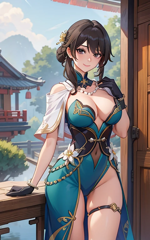 1girl, ruan mei \(honkai: star rail\), solo, china dress, green gloves, hair ornament, detached collar, necklace, capelet, thigh strap, cowboy shot, standing, hand in own hair, floating hair, looking at viewer, light smile, garden, east asian architecture, outdoors, depth of field, table, cake, masterpiece, huge ass, breast, thighs, seductive, spicy, hot, flirty, nsfw,