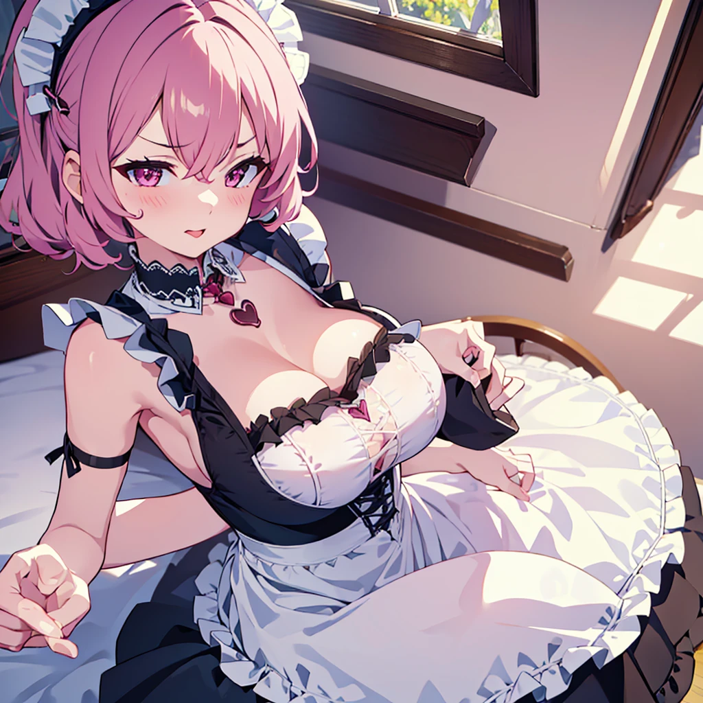 ((masterpiece)), ((best quality:1.2)), ((highly detailed)), (original), ((delicate background)), ((extremely detailed 8K wallpaper)), sweet, depth of field, fantasy,
BREAK
((1girl)), ((solo)), cute girl, anime waifu girl, 20 years old, shiny skin,
BREAK
maid, ((classic maid dress)), ((wearing edgcatlingerie)), cat cutout, cleavage cutout, lots of frills, ((huge breasts)),
BREAK
curly hair, faint pink hair, short hair,
BREAK
((heart-shaped eyes)), pink eyes, tongue out, blush, sweating,
BREAK
full body shot, ((on the bed)),