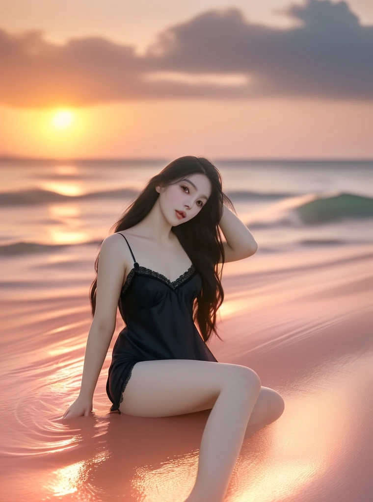 a beautiful young woman, full body shot, floating in the ocean, soft focus, extremely detailed face and eyes, flawless skin, long eyelashes, delicate features, serene expression, cut lighting, warm color tones, photorealistic, 8k, best quality, masterpiece. wearing (black) Nightie. sunset. sexy pose. pink skin.