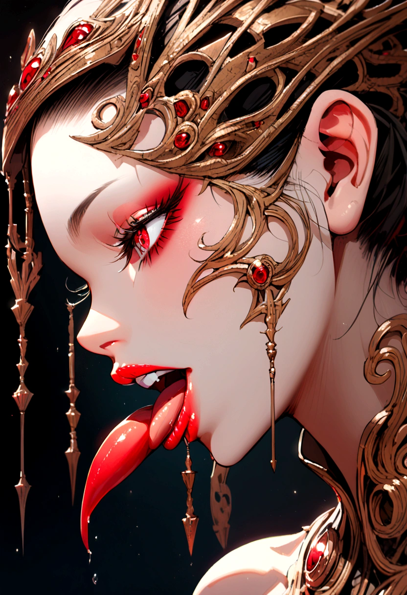a girl sticking out her tongue, beautiful detailed eyes, beautiful detailed lips, extremely detailed face, long eyelashes, white teeth, profile view, intense red tongue, etc.