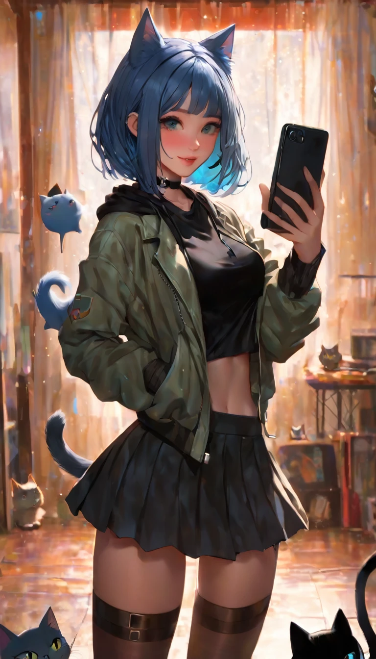 a girl in anime style wearing blue hair, holding a phone and pointing her finger at a cat, cat, 1girl, black shirt, grey skirt, jacket, virtual youtuber, selfie, jewelry, blue hair, shirt, hood, short hair, black cat, looking at viewer, solo, thighhighs, skirt, smile , ((masterpiece, best quality1.2)),((masterpiece1.2)), ((best quality1.2)), (ultra-detailed1.2),photorealism, highly detailed (art inspired in Bill Sienkiewicz). oil painting)