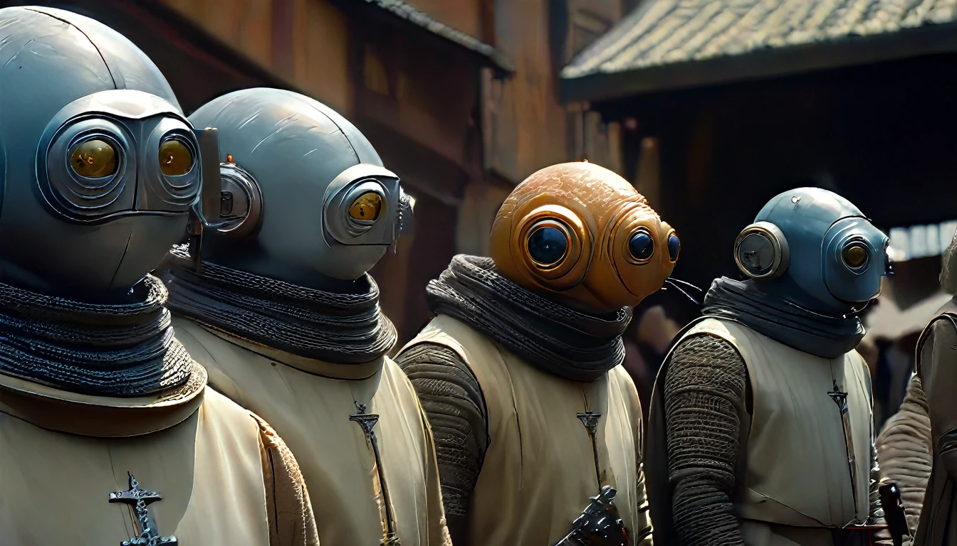 In portrait, characters inspired by the Start Wars universe by Ralph McQuarrie and Anton Semenov, Wayne Barlowe in a Middle Ages setting, as robots, exotic alien beings interacting with people, inspired by Hieronymus Bosch and Shaun Tan. Directed by George Lucas. ((cinematic film)), ultra detailed, intricate, sharp focus, object texture, Studio photo, detalhes intricates, highly detailed, in Real Photo style, hyper-realistic, High dynamic range, rich colors, Realistic textures, 8K uhd , high color depth, Nikon D 850 |, Porta Kodak 400, fujifilm XT |