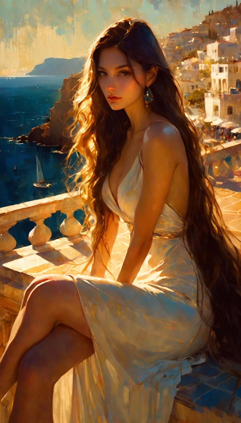 very sexy girl with long hair, wearing an elegant and sexy dress, sitting on a terrace, overlooking the sea of a typical Greek town.1.5, (art inspired in Bill Sienkiewicz). oil painting)