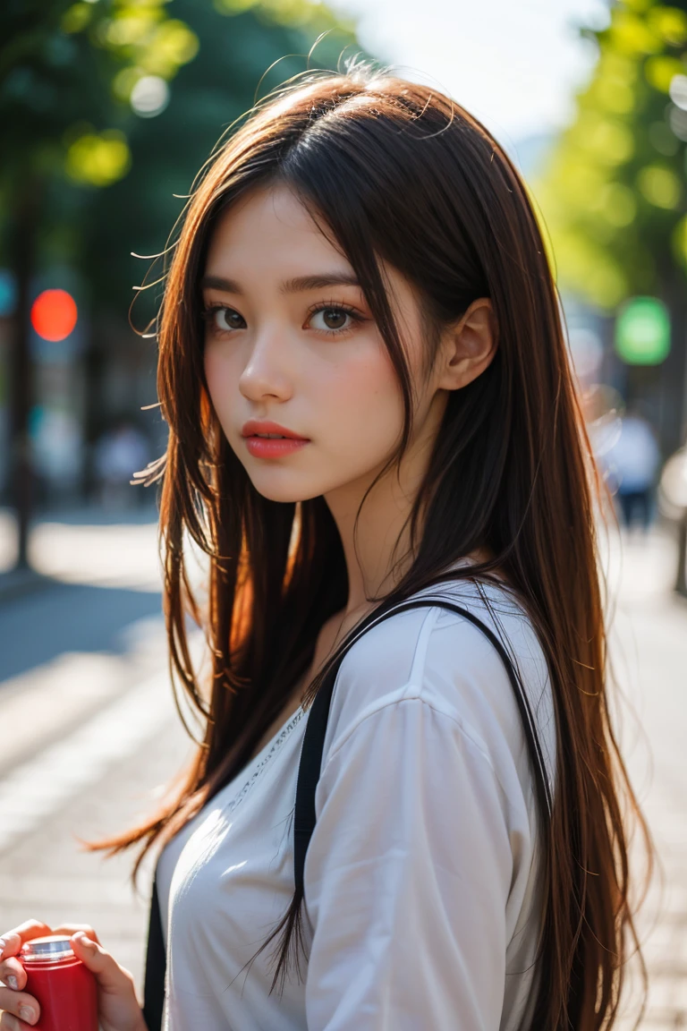 a photorealistic portrait of a 20 year old  girl with long, flowing brown hair, and striking brown eyes. she should have a natural, approachable expresssion and be illuminated by soft, golden-hour sunlight. The background should be a scenic outdoor setting, peraphs a sunlit park or beach. Capture this image with a high resolution photograph using a 85 mm lens for a flattering perspective 