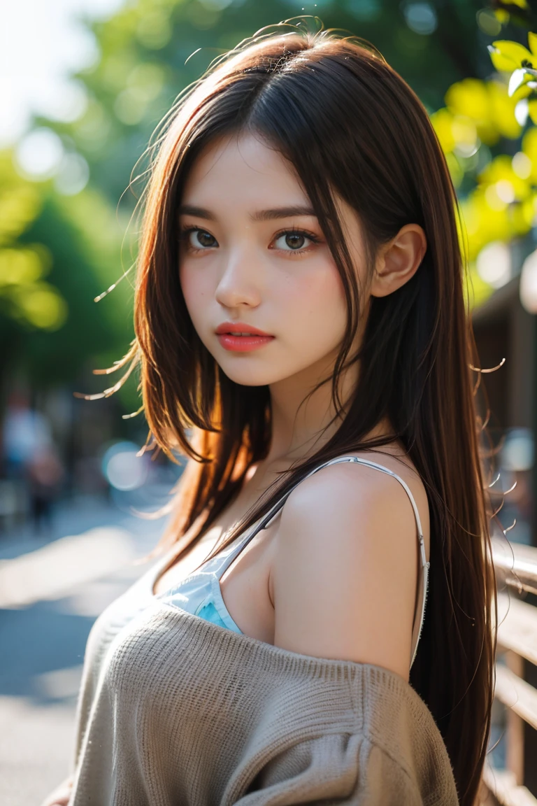 a photorealistic portrait of a 20 year old girl with long, flowing brown hair, and striking brown eyes. she should have a natural, approachable expresssion and be illuminated by soft, golden-hour sunlight. The background should be a scenic outdoor setting, peraphs a sunlit park or beach. Capture this image with a high resolution photograph using a 85 mm lens for a flattering perspective