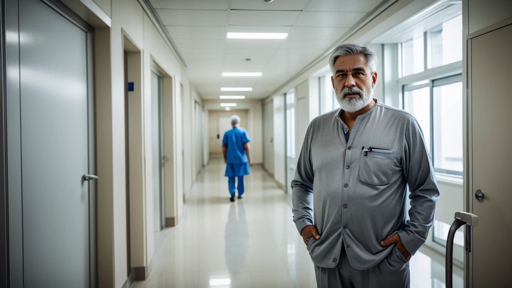 /In a hospital, a 60-year-old man, with a tired appearance, elegant man, gray hair, gray beard, a rich man, wearing hospital clothes, high definition image, 4k image, image quality.
