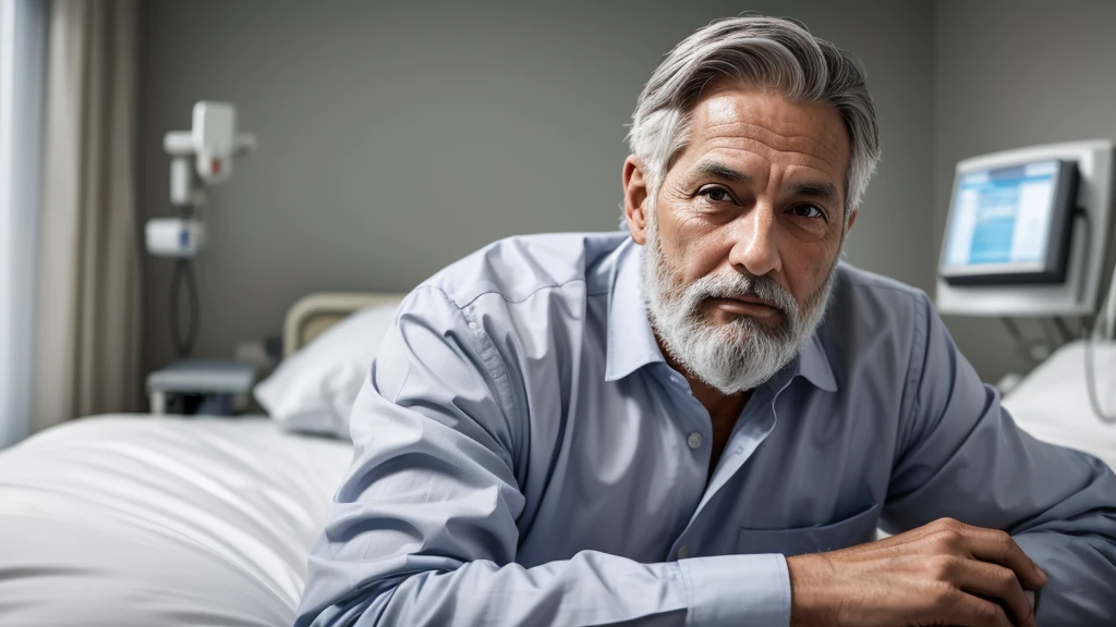 /In a hospital, a 60-year-old man, with a tired appearance, elegant man, gray hair, gray beard, a rich man, wearing hospital clothes, high definition image, 4k image, image quality.