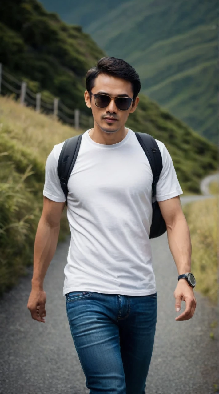 A man wearing white tshirt and blue jeans, wearing sunglasses and bag, wearing smartwatch in the left hand, greenland background, 4D realistic