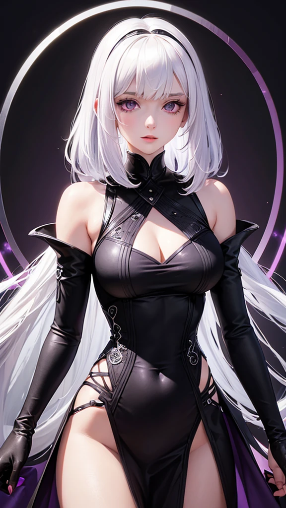 girl with white hair,with bangs, black gloves, purple clothes, purple dress, 4K, masterpiece, perfect body, stem,perfect eyes, perfect shading, perfect lighting, best quality, work of art, ultra detailed, detailed clothing