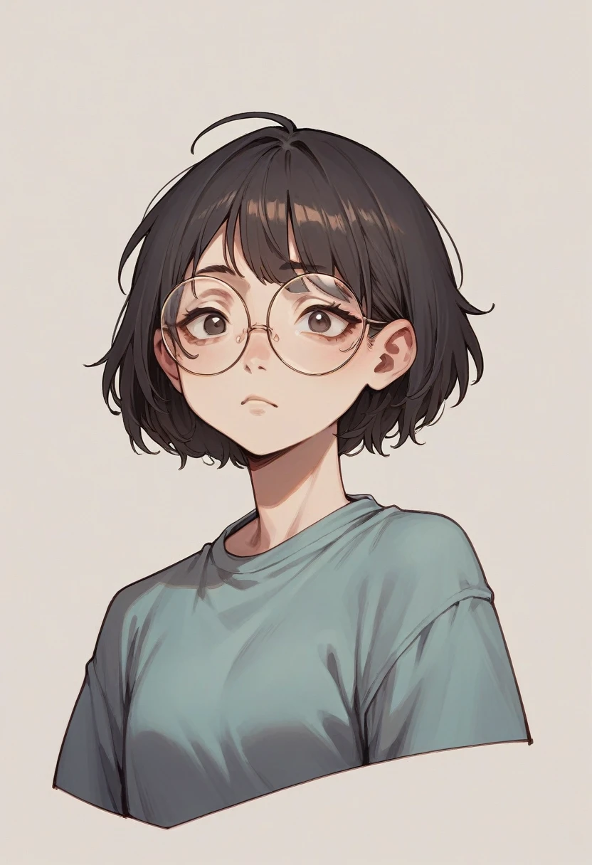 Short woman with shoulder-length hair and a mixture of gray, round but thin face, black round glasses for medium face, chin out a little