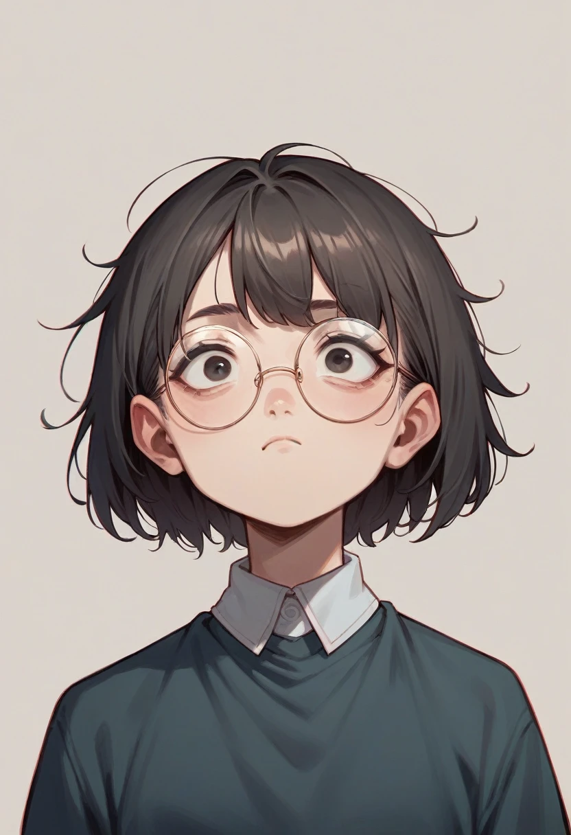 Short woman with shoulder-length hair and a mixture of gray, round but thin face, black round glasses for medium face, chin out a little