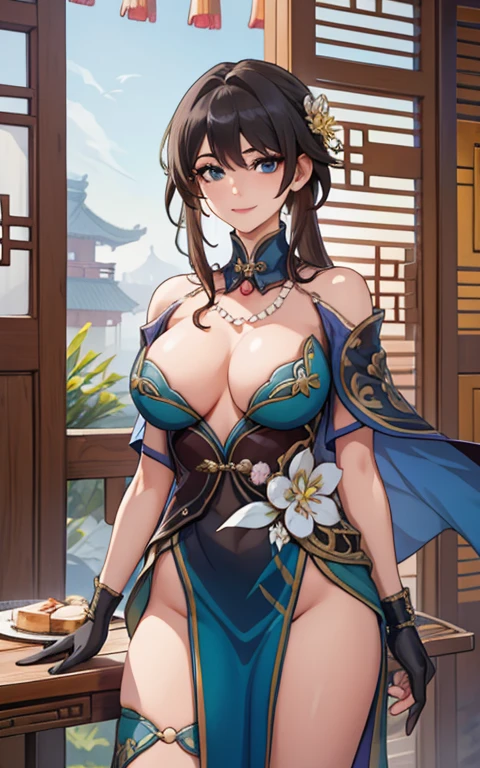 1girl, ruan mei \(honkai: star rail\), solo, china dress, green gloves, hair ornament, detached collar, necklace, capelet, thigh strap, cowboy shot, standing, hand in own hair, floating hair, looking at viewer, light smile, garden, east asian architecture, outdoors, depth of field, table, cake, masterpiece, huge ass, breast, thighs, seductive, spicy, hot, flirty, nsfw,