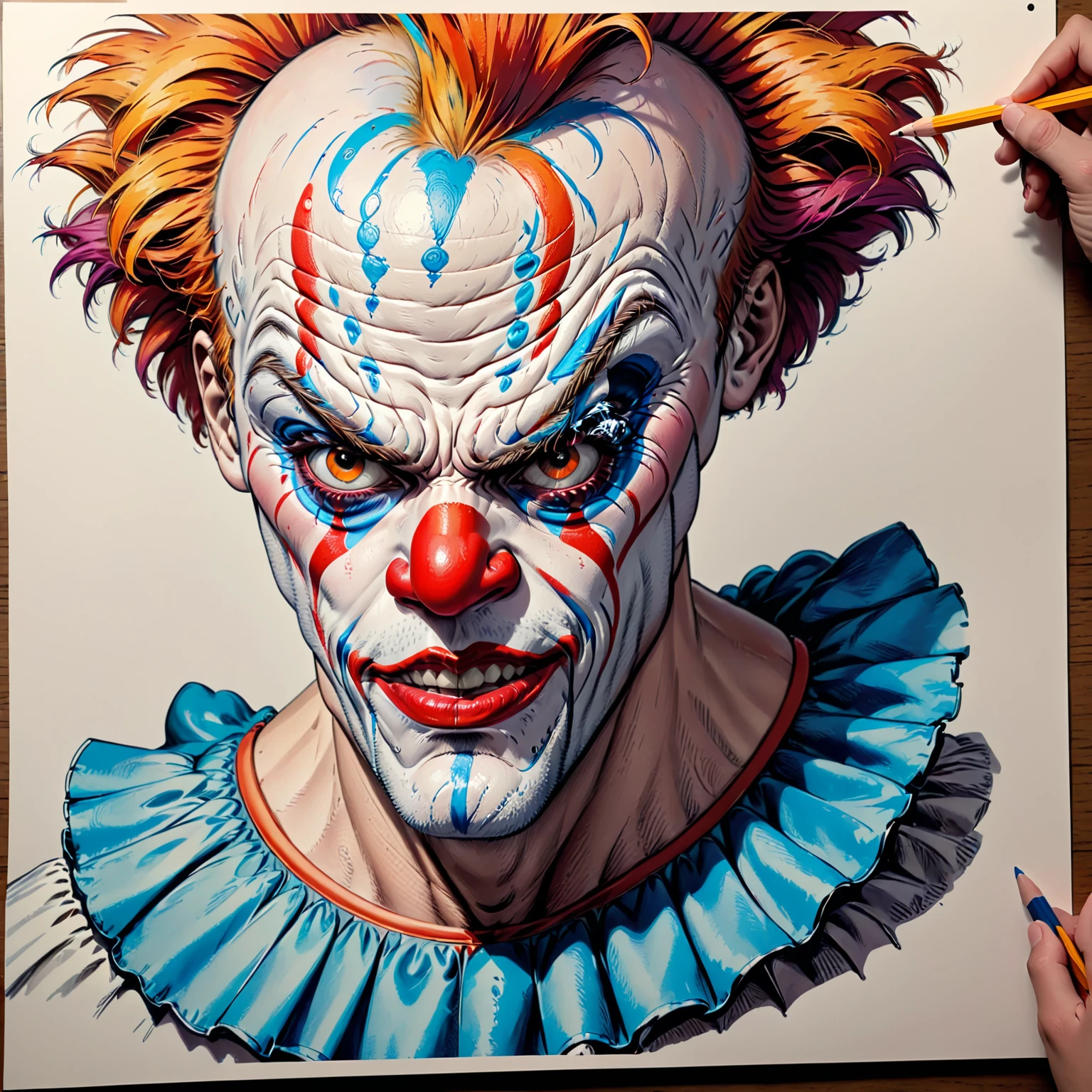 drawing a clown with a pencil, detailed drawing 4k, epic pencil illustration, epic portrait illustration, drawing 4k, hyperrealistic sketch, detailed fanart, 4K. detailed drawing, pencil drawing illustration, realistic sketch, extremely detailed portrait, drawing 4K, high detailed portrait, detailed matte fantasy portrait, highly detailed drawing, realistic drawing, detailed drawing, face detailed )