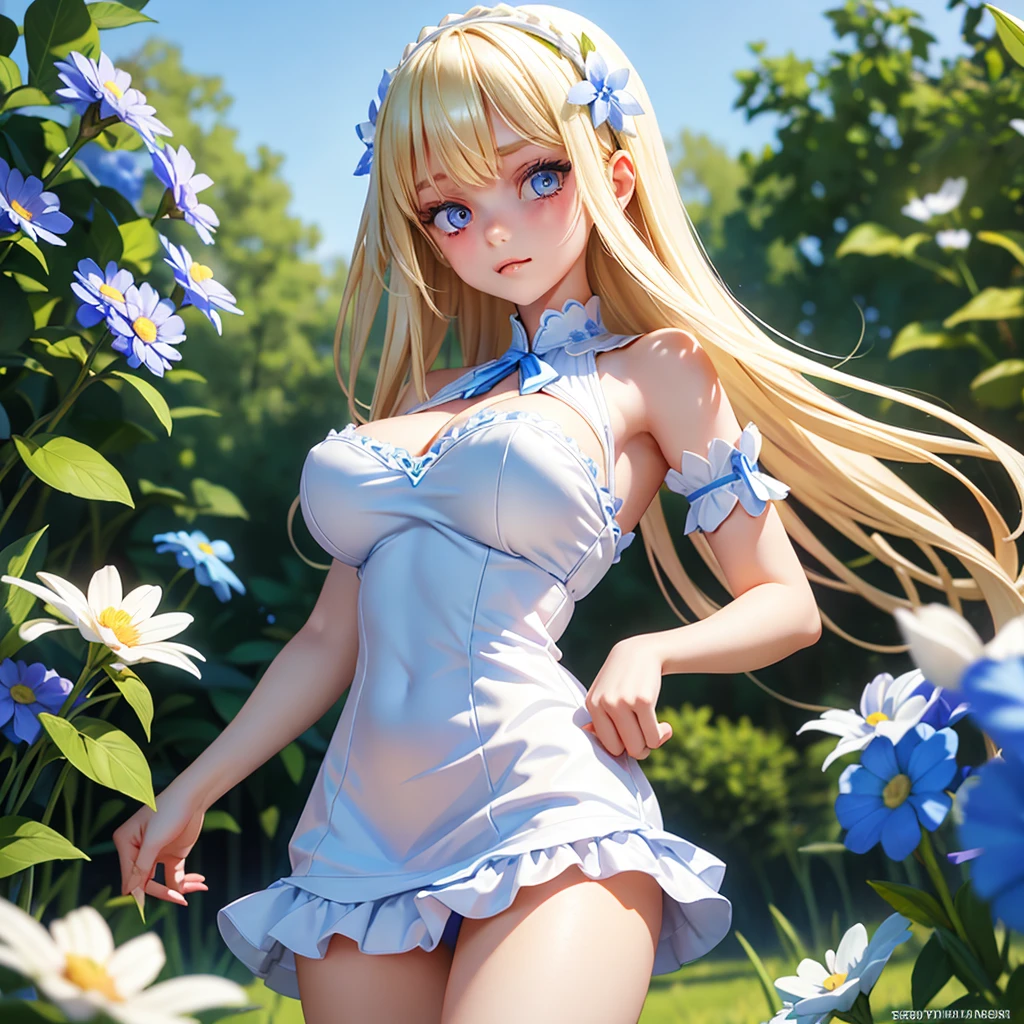 Russian girl blonde, years 23, Busty, Long neckline, short summer dress white with a pattern in the form of blue flowers, Against the background of the Russian village, summer