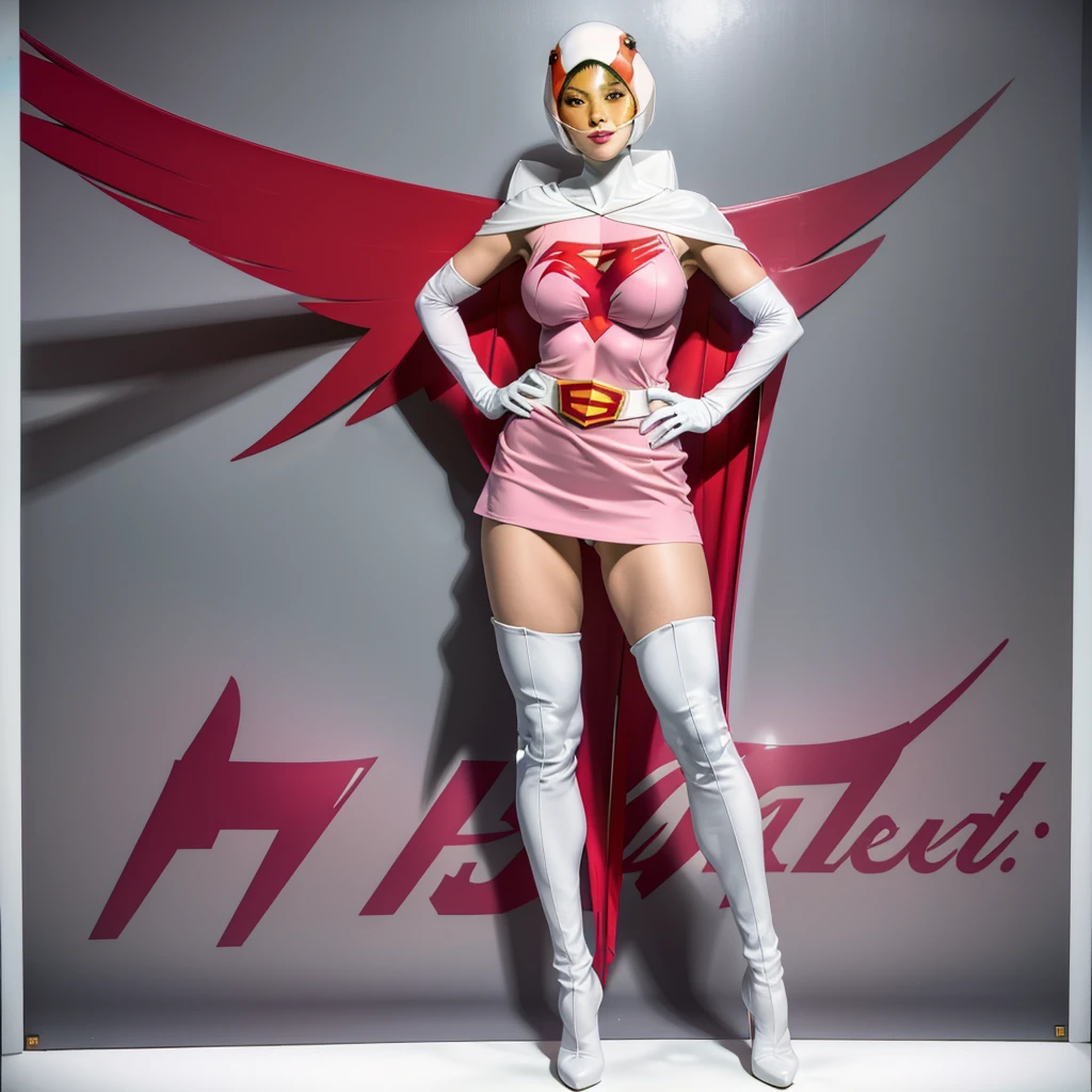 ANI_CLASSIC_jun_gatchaman_ownwaifu,1girl, ,good anatomy, masterpiece, best quality,realistic, hyper realistic, 16k hdr, long hair,breasts,lips,large breasts,lipstick,makeup,gloves,cape,helmet,belt,elbow gloves,white gloves,mask,ultra miniskirt,leotard,spacesuit,white tight overknee highheels boots,pink dress,superhero,bodysuit,cleavage,erected nipples,(stand pose,hands on hip),(spread legs:1.1),cameltoe