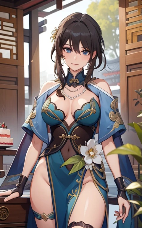 1girl, ruan mei \(honkai: star rail\), solo, china dress, green gloves, hair ornament, detached collar, necklace, capelet, thigh strap, cowboy shot, standing, hand in own hair, floating hair, looking at viewer, light smile, garden, east asian architecture, outdoors, depth of field, table, cake, masterpiece, huge ass, breast, thighs, seductive, spicy, hot, flirty, nsfw,