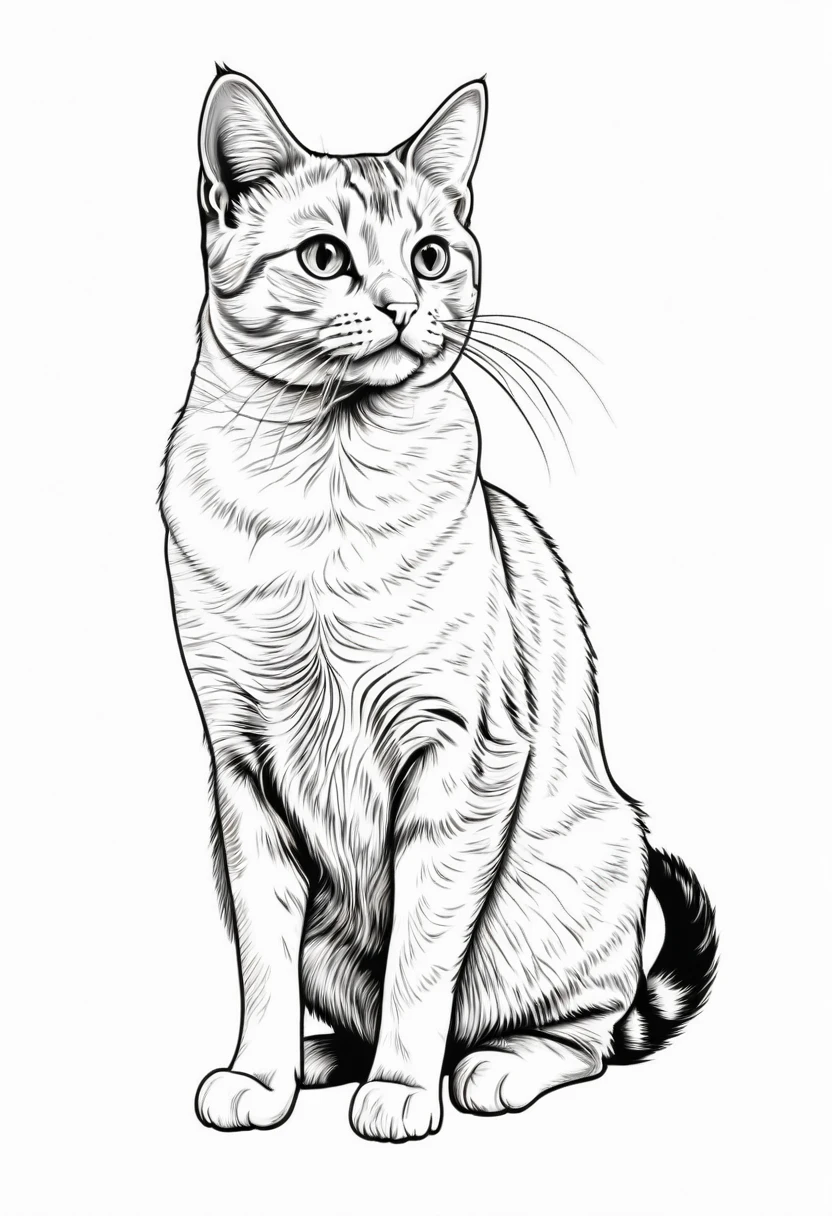 Black and white illustration of a cat drawn with simple and clear black lines on a white background, sitting and looking up with a friendly and curious expression. The cat is surrounded by nature, including trees, flowers and butterflies. Clear and detailed lines, suitable for colouring, hd quality