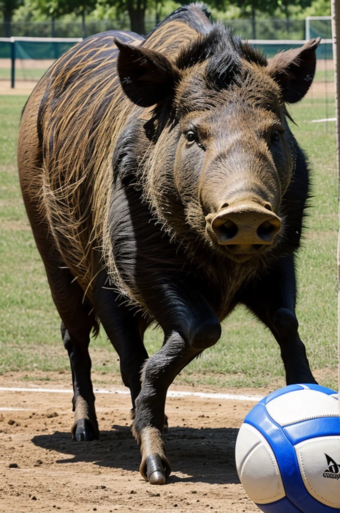 A wild boar with a basketball, volleyball, soccer and softball