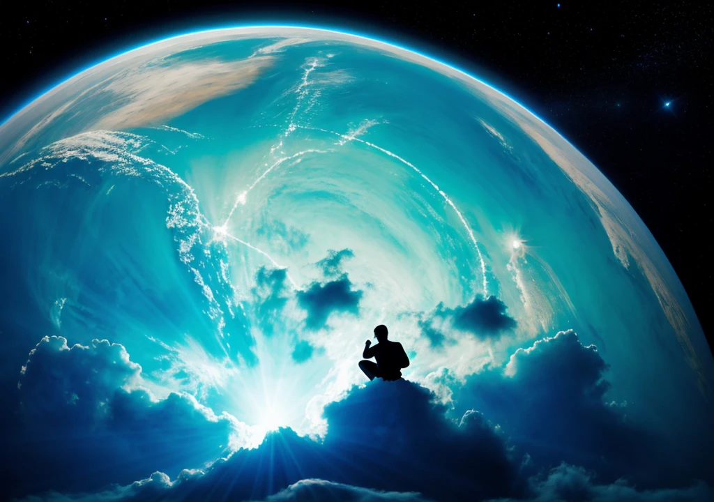 luminous white silhouette lying in blue celestial ether space