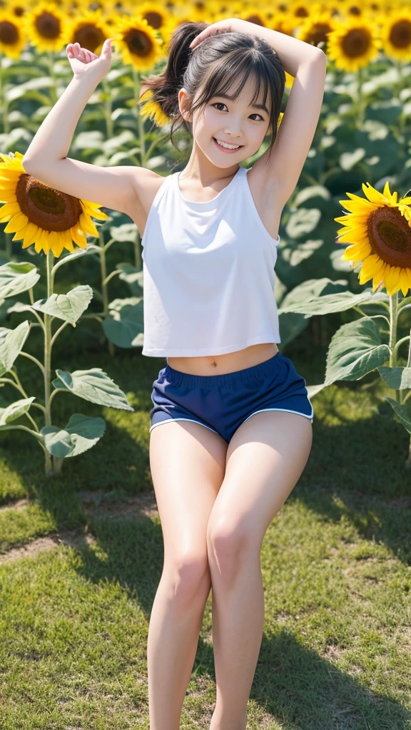 8K、 beautiful girl、A sparkling e、Arms raised to show armpits、A darK-haired、detailed beautiful faces、Plain white gym clothes、Very short navy blue bloomers, Sunflower field、Very strong wind、Decolletage、Sit on the buttocks
