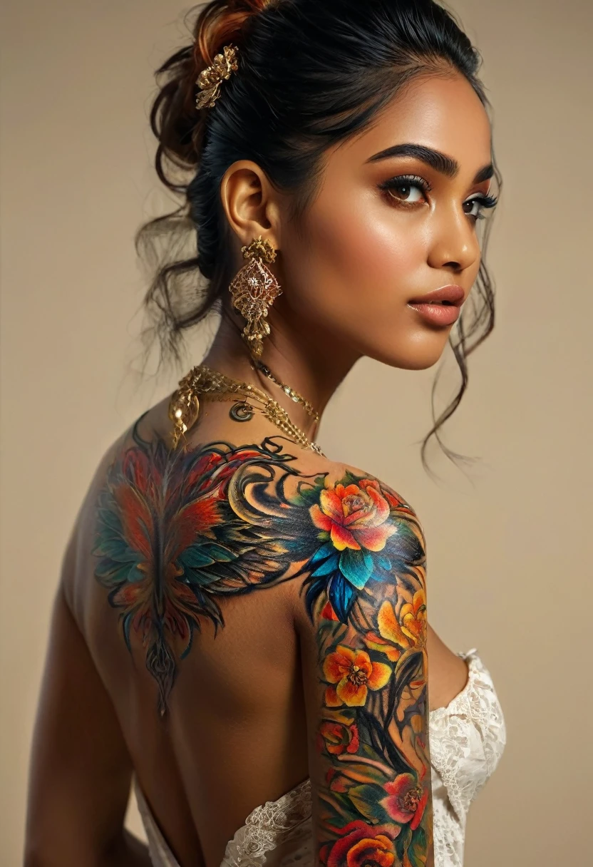 (best quality,4k,8k,highres,masterpiece:1.2),ultra-detailed,(Ultra-realistic, photorealistic,photo-realistic:1.37), from back, a beautiful young Arabian woman with a complex and colorful phenix tattoo on her back, 35 year old, Amazing beauty, intricate detailed fractal tattoo, realistic detailed colorful tattoo, highly detailed body art, delicate female portrait, flawless skin, dark skin, piercing eyes, elegant facial features, flowing hair, dynamic pose, dramatic shadows, vibrant colors, fantasy art, digital painting, concept art, hyper realistic, 8k, best quality, her back to the viewer, delicate fractal tattoo on her bare back, professional photography, high quality, detailed, photorealistic, soft natural lighting, warm color palette, serene atmosphere, intricate tattoo details, graceful pose,