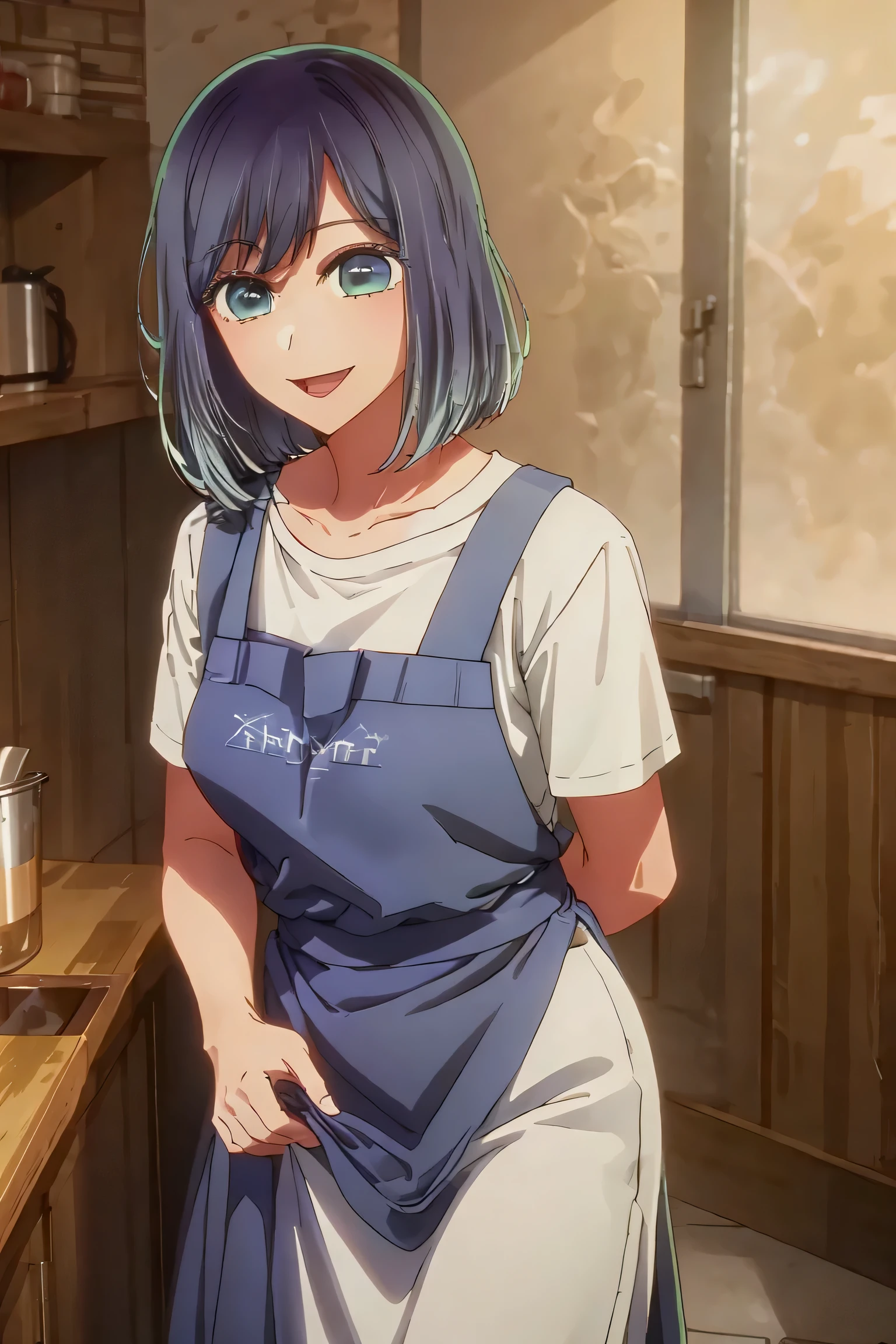 best quality, masterpiece, 1 girl, alone, beautiful eyes, big smile, very happy expression, home clothes, apron, cooking, kitchen background