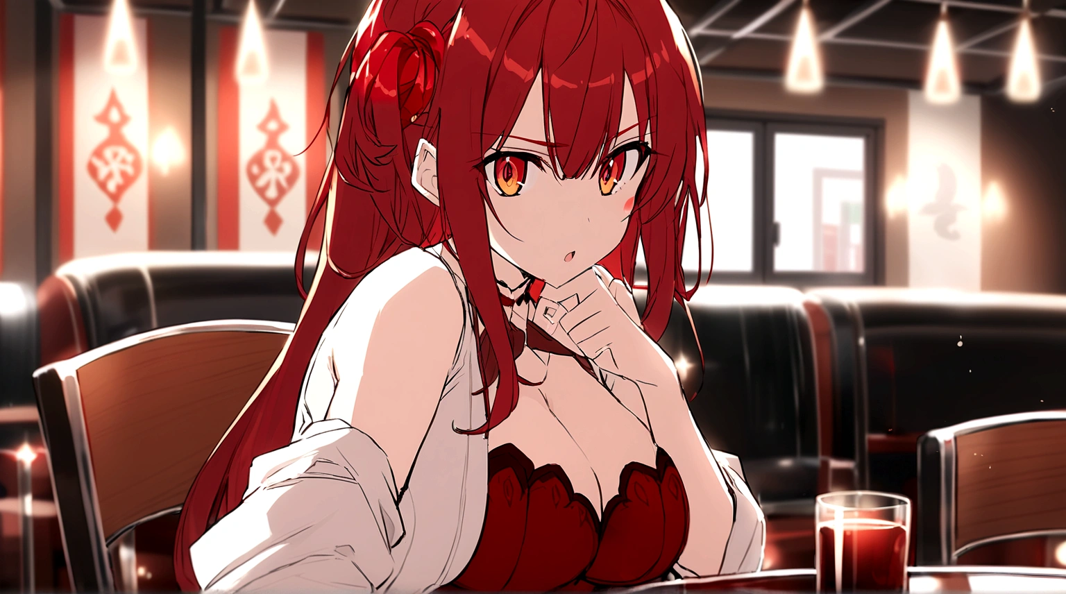 character with big breasts. long red hair with bangs. RED AND GOLD eyes.