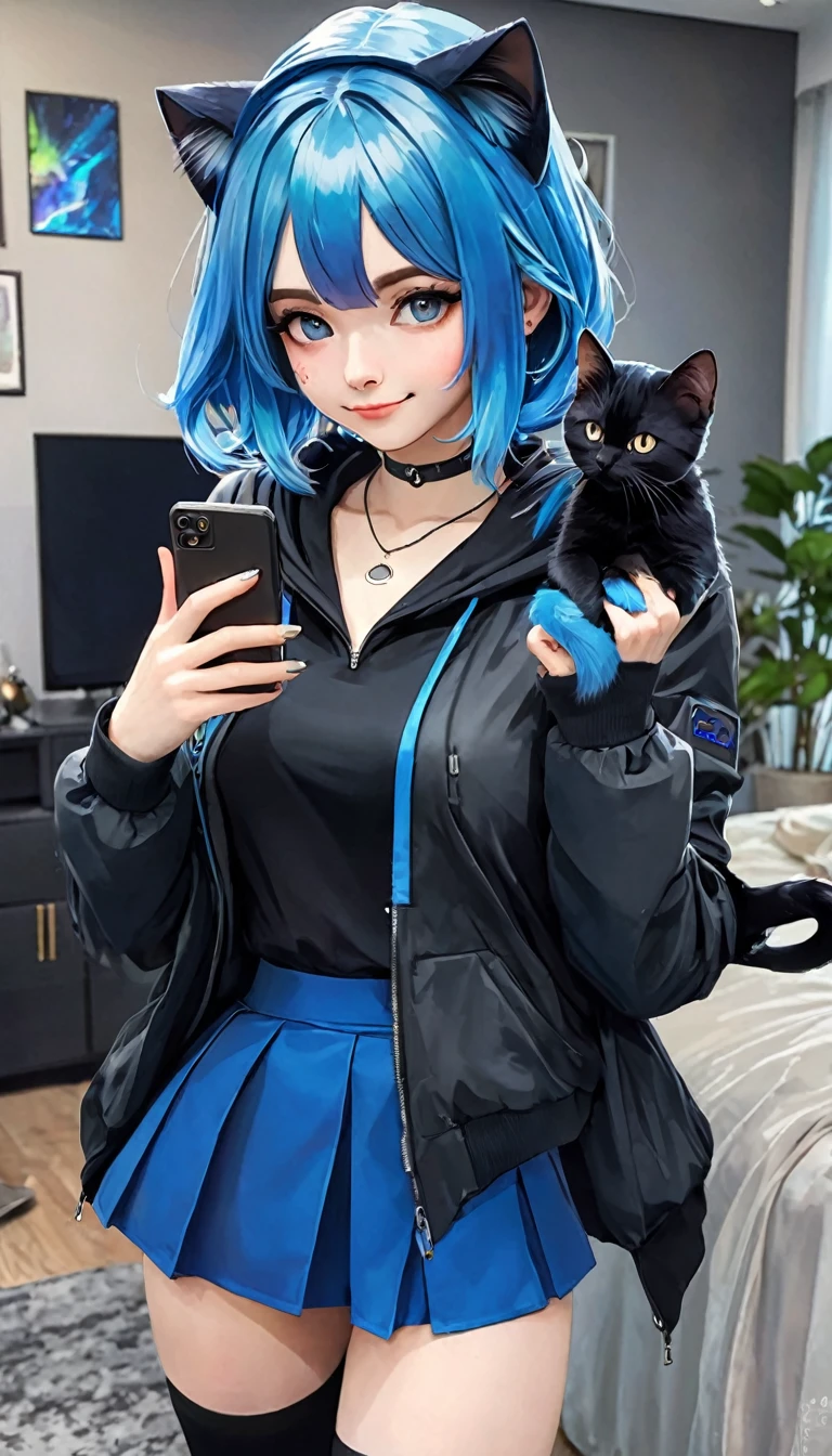 a girl in anime style wearing blue hair, holding a phone and pointing her finger at a cat, cat, 1girl, black shirt, grey skirt, jacket, virtual youtuber, selfie, jewelry, blue hair, shirt, hood, short hair, black cat, looking at viewer, solo, thighhighs, skirt, smile , ((masterpiece, best quality1.2)),((masterpiece1.2)), ((best quality1.2)), (ultra-detailed1.2),photorealism, highly detailed (art inspired in Bill Sienkiewicz). oil painting)