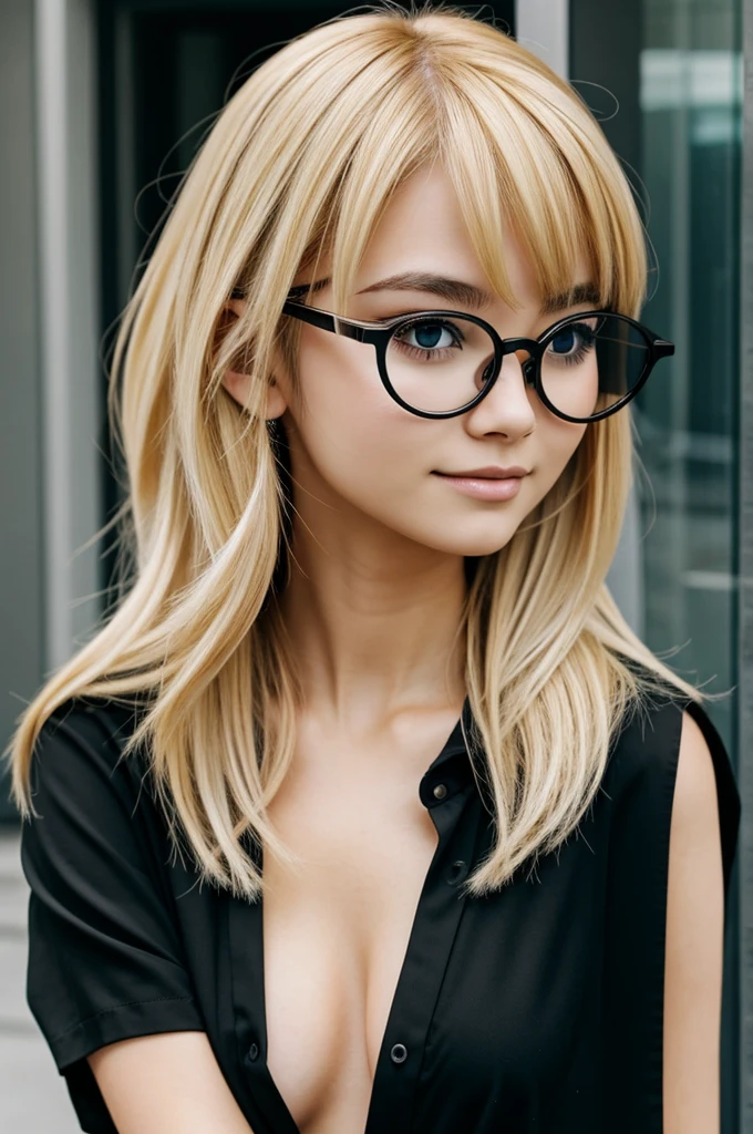 Anime girl with blonde hair, black circular glasses and