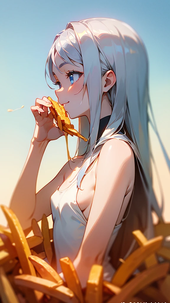 1 Girl、anime painting、Upper body close-up、profile、Natural Proportions、thin、Small breasts、smile、White skin、(long silver hair)、Beautiful blue eyes、Eating French Fries、Golden Hour Sky、Background blur、Written boundary depth