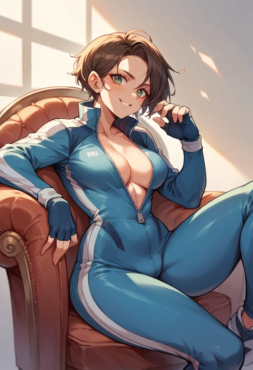a pretty firm fit hearty healthy toned Russian women wearing full zipped velour sport jump suit as a second skin sitting on armchair, 16K