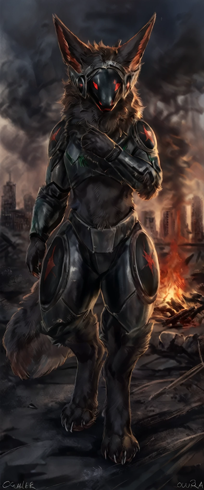 male, (red protogen face), (white protogen fur), protogen fighter,  military destroyer unit, protogen, comic book style, illustration, solo, masterpiece, best art, full body, digitigrade, by oouna, by taran fiddler, wearing black fighter spacesuit , detailed hands, tall, detailed torso, dark and griddy, apocalyptic, sitting by a campfire, detailed paws, looking at viewer startled,