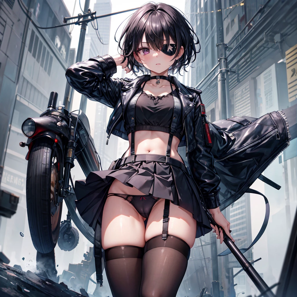 ((Highest quality)), ((masterpiece)), ((detailed)), (4K), 1girl, 独奏, short hair, black hair, (eyepatch), purple eye, crop top, leather jacket, Torn miniskirt, suspender skirt, torn pantyhose, panties, panties under pantyhose, choker, bracelet, rain, (wet), see through, expressionless, scowl, ass pov, (looking down), looking at viewer, wasteland