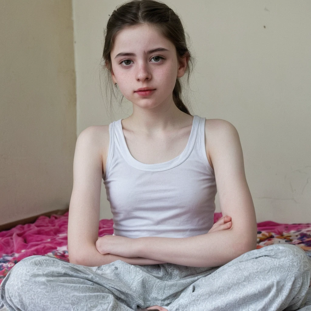 Ponytail hair  pale skin Kurdish  with sitting on bed tin body Short 