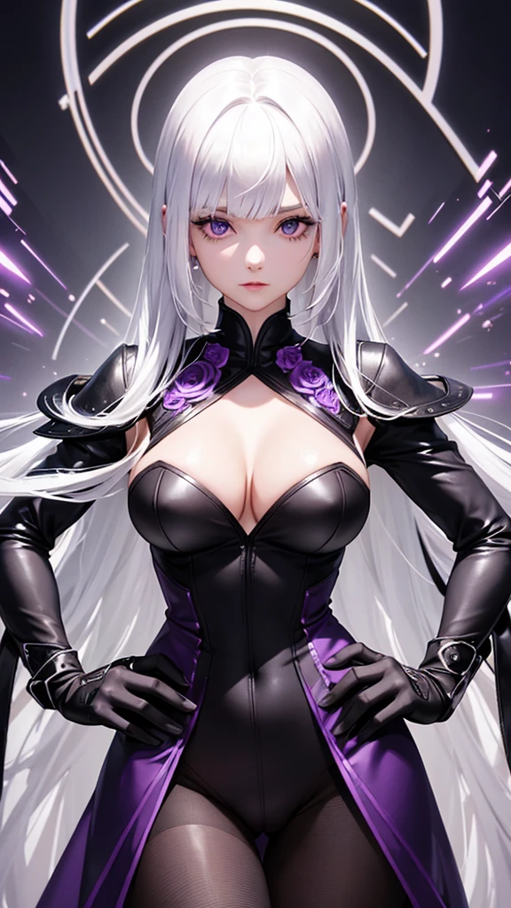 girl with white hair,with bangs, black gloves, purple clothes, purple dress, 4K, masterpiece, perfect body, stem,perfect eyes, perfect shading, perfect lighting, best quality, work of art, ultra detailed, detailed clothing