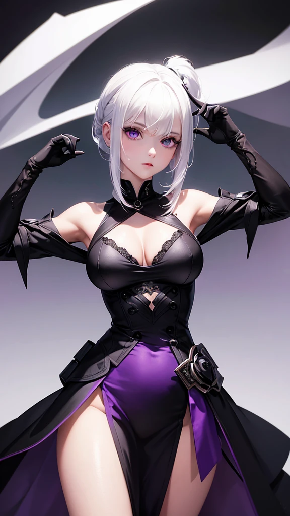 girl with white hair,with bangs, black gloves, purple clothes, purple dress, 4K, masterpiece, perfect body, stem,perfect eyes, perfect shading, perfect lighting, best quality, work of art, ultra detailed, detailed clothing